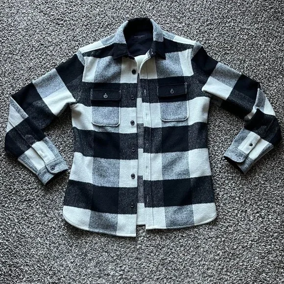 Allsaints Black White Checkered Flannel Overcoat Mens Medium Grunge Business - Picture 1 of 7